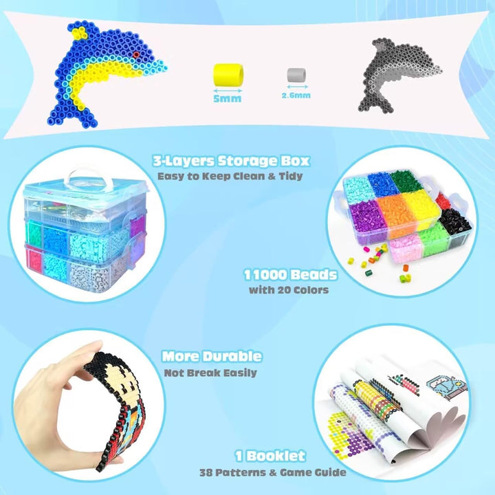 11000 Stück Bügelperlen Set, 20 Farben 5MM Steckperlen mit Aufbewahrungsbox, Bügelperlen Platten, Be