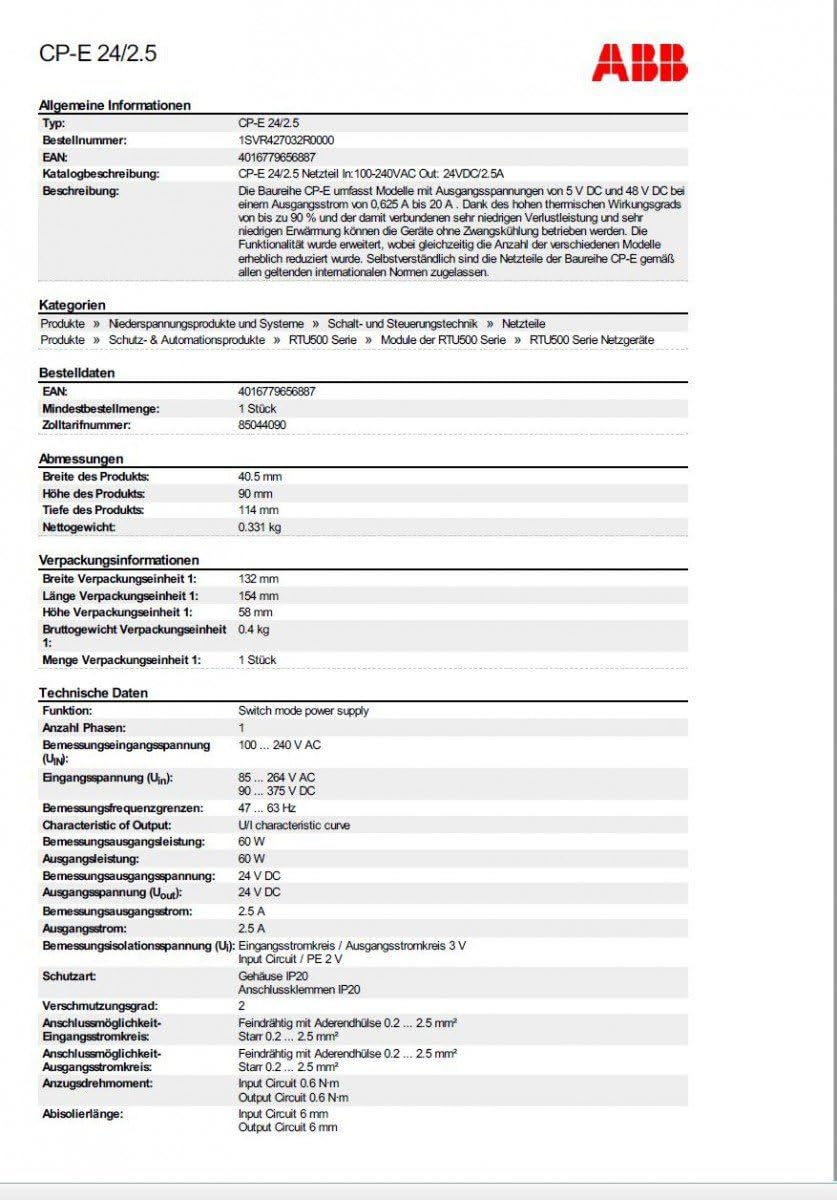 abb-entrelec 1svr427032r0000 – Netzteil cp-e 24/2.5