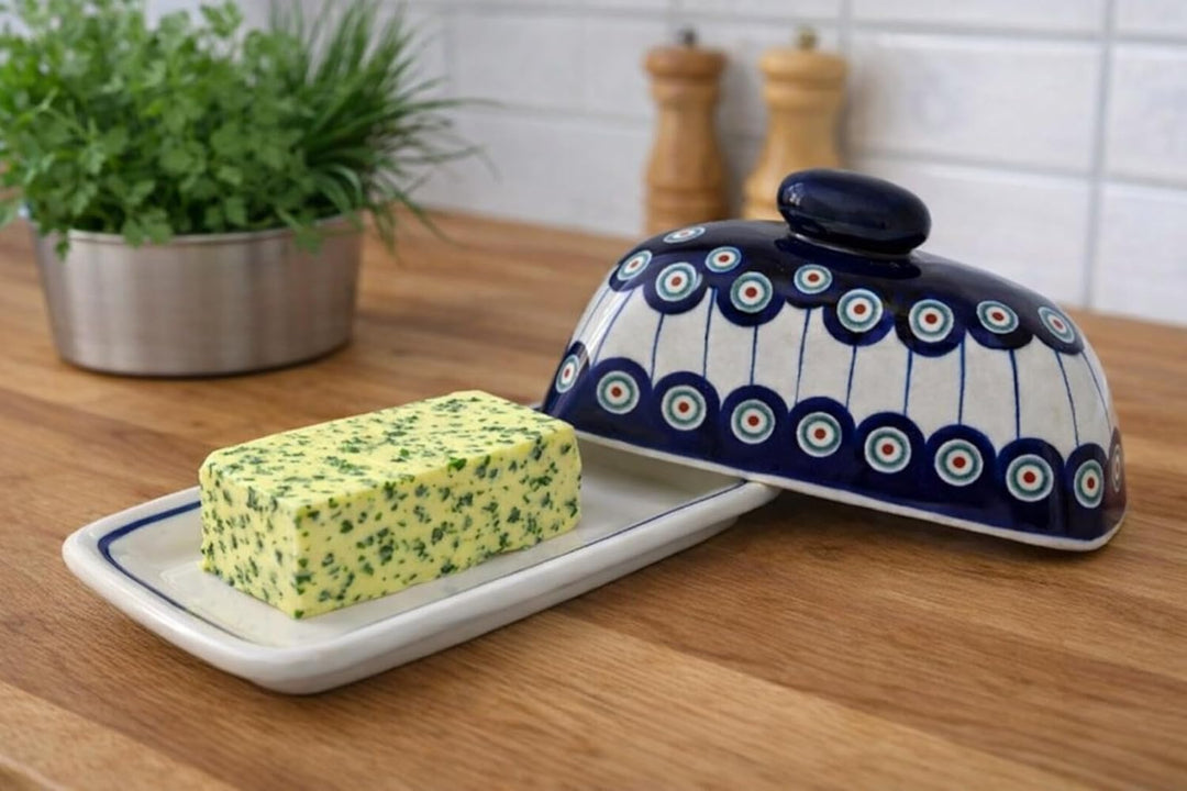 Bunzlauer Keramik Butterdose für 100-125g Kräuterbutter, 19,1x11.1x 8,6 cm, Dekor 8