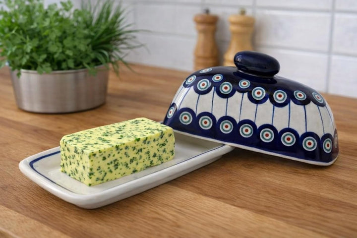Bunzlauer Keramik Butterdose für 100-125g Kräuterbutter, 19,1x11.1x 8,6 cm, Dekor 8