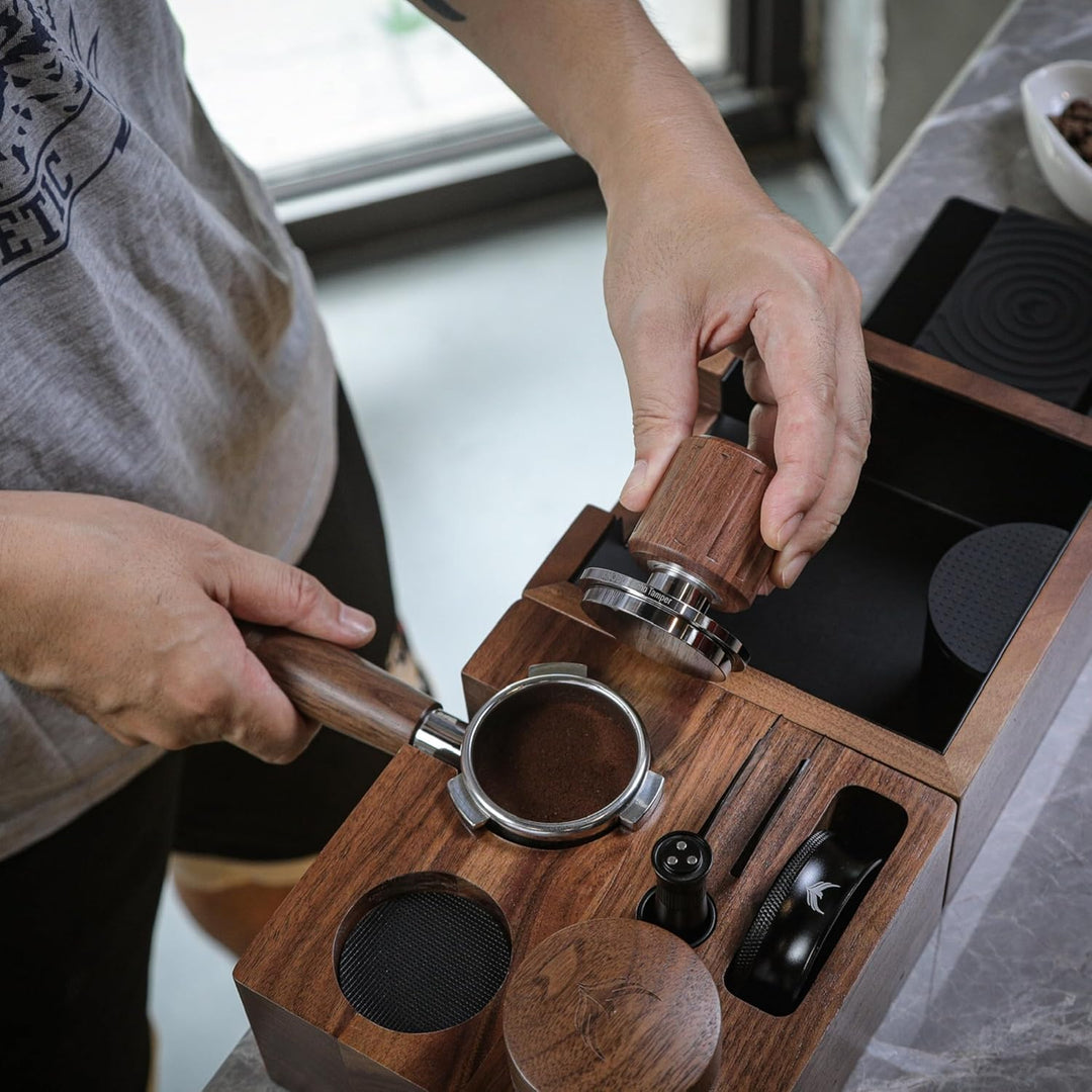 Espresso Tamper 58,5mm Walnuss – mit Klick Feedback | , 30 lb Feder &amp; Edelstahl-Flachbasis für IMS,