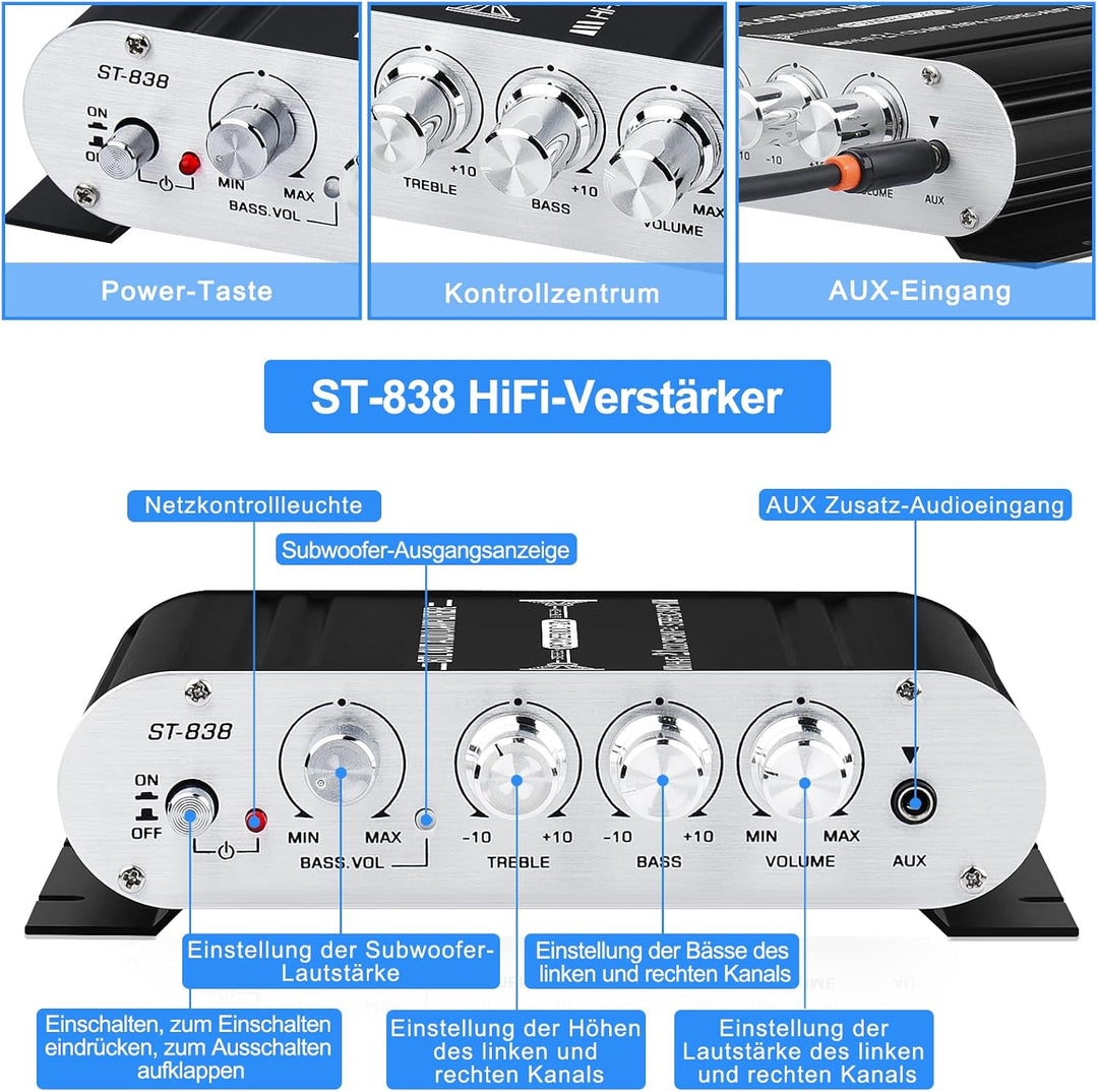 HiFi Audio Verstärker,2.1CH Stereo Verstärker,RMS 20Wx2+40W ST-838 mit Subwoofer Ausgang KlasseD Min