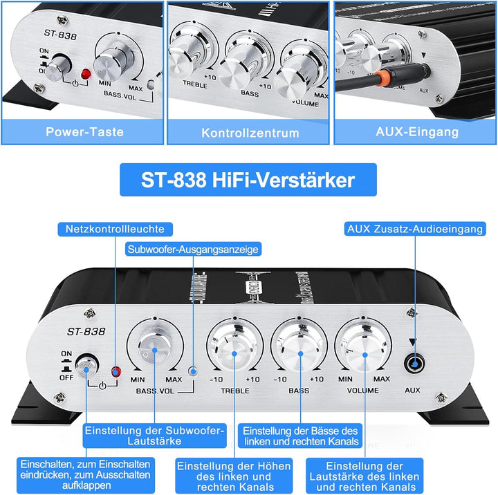 HiFi Audio Verstärker,2.1CH Stereo Verstärker,RMS 20Wx2+40W ST-838 mit Subwoofer Ausgang KlasseD Min