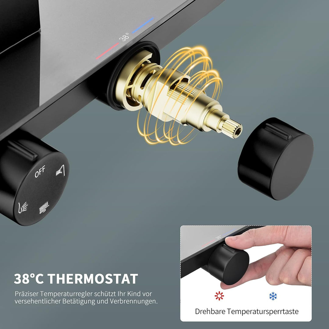 HOMELODY Duschsystem mit Thermostat und Glasablage Schwarz - Duscharmatur Komplettset mit 30x20 cm R
