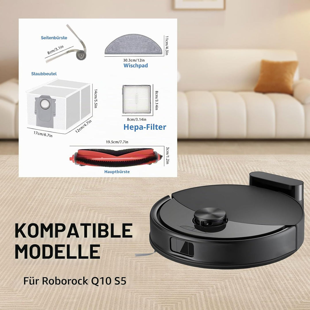 Zubehör für Roborock Q10 S5 / Q10 S5+ Staubsauger Ersatzteil, 1 Hauptbürste,4 Wischtücher,4 Staubbeu