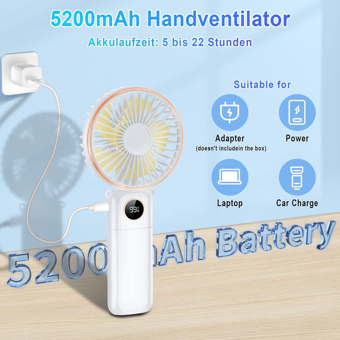 Handventilator mit LED-Anzeige, 5200 mAh Akku Aufladbar, Tragbarer Mini Ventilator mit Trageband, 6