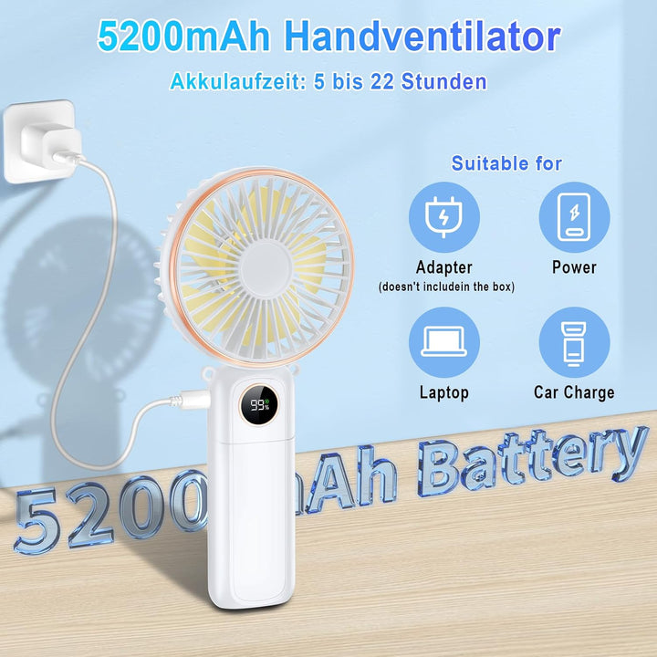 Handventilator mit LED-Anzeige, 5200 mAh Akku Aufladbar, Tragbarer Mini Ventilator mit Trageband, 6
