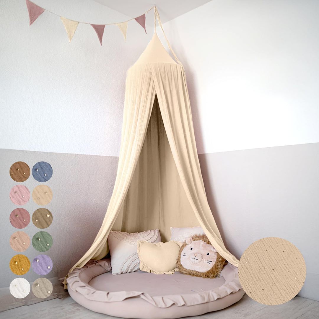lilimaus Baldachin Kinderzimmer mit Goldapplikation [in 12 Farben] Betthimmel aus 100% Baumwolle Mus