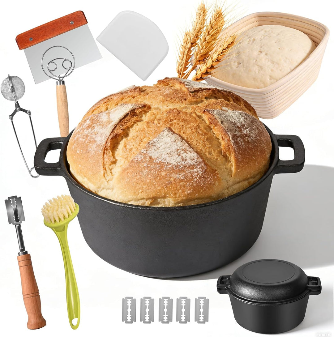 Brotbacktopf 26cm Gusseisen Topf Brot Backen, Backen inkl. Gärkorb, Bäckermesser & Teigschaber, Extr