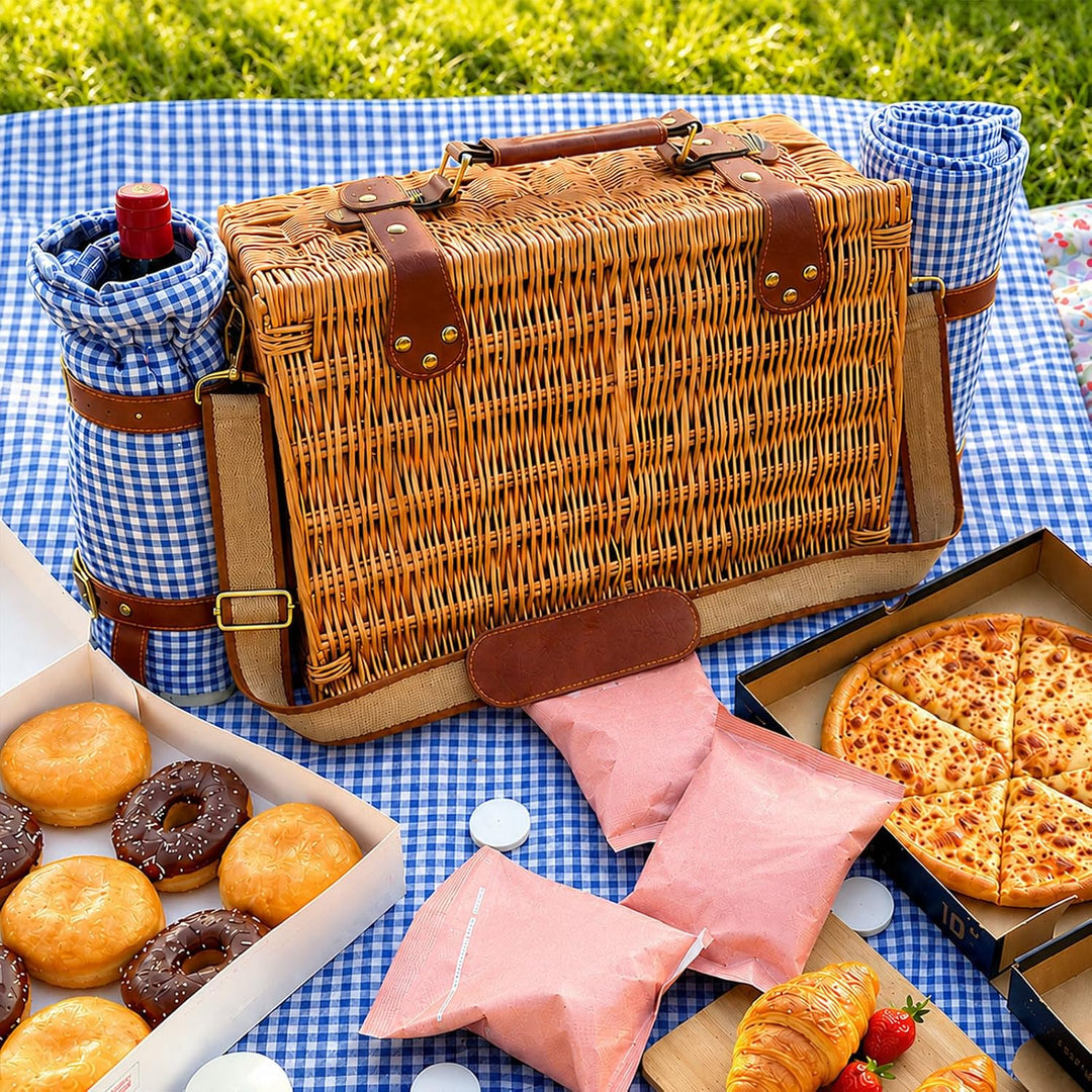 Wicker Picknickkorb Set für 2-4 Person mit Kühlfach und wasserdichte Picknickdecke, Abnehmbarer Riem