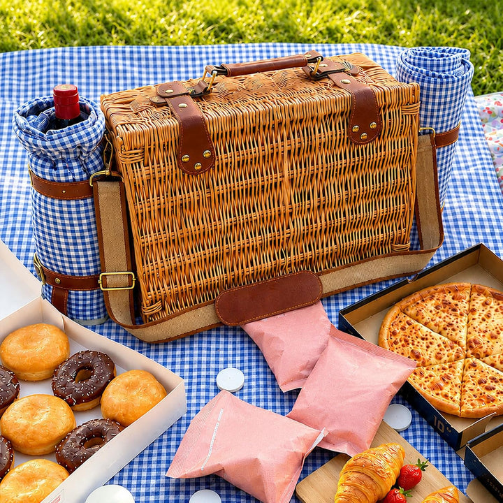Wicker Picknickkorb Set für 2-4 Person mit Kühlfach und wasserdichte Picknickdecke, Abnehmbarer Riem