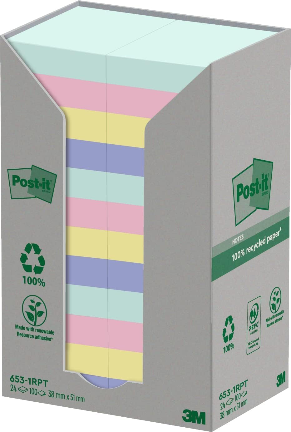 Post-it Recycling Notes, Assortierte Farben, Packung mit 24 Blöcken, 100 Blatt pro Block, 38 mm x 51