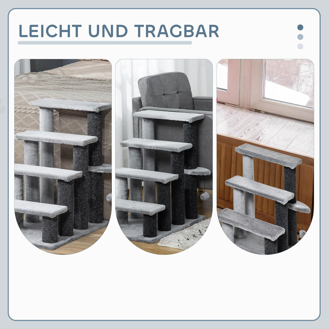 PawHut Haustiertreppe Katzentreppe mit Kratzbaum Ball 4-stufige Hundetreppe Tiertreppe Spanplatte Pl