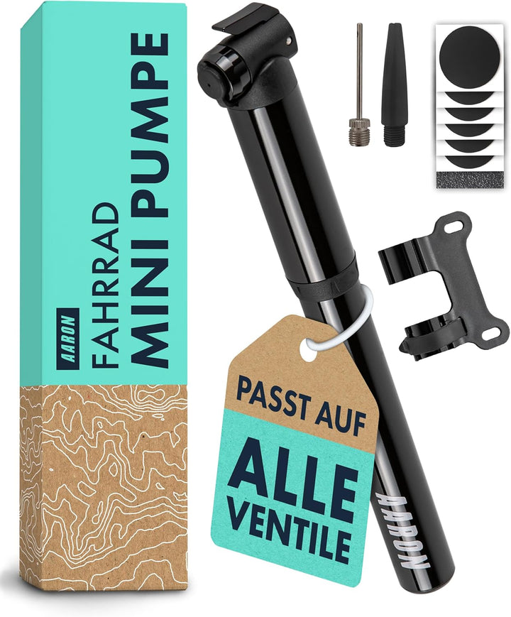 AARON Pocket One Mini Fahrradpumpe für alle Ventile - kompakte Luftpumpe passend für jeden Rahmen -