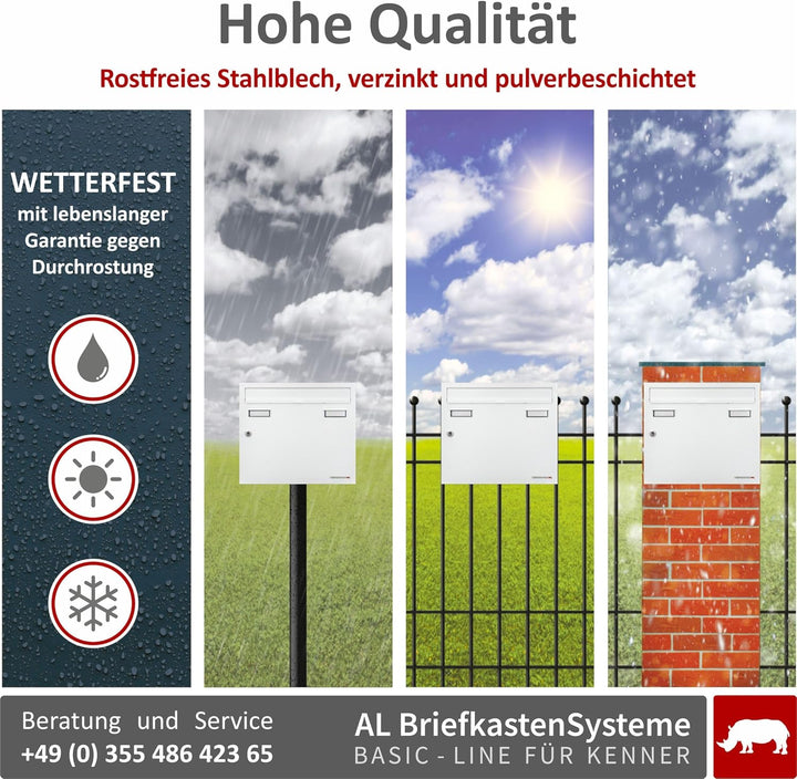 AL Briefkastensysteme Basic 4er Briefkasten RAL 9016 Verkehrs Weiss 4 Fach DIN A4 wetterfest Briefka