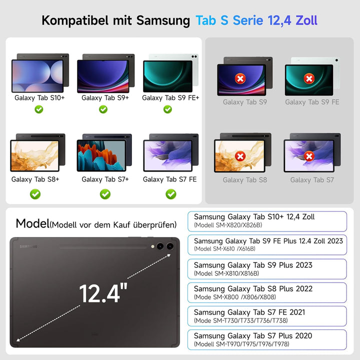 HOU Tastatur hülle für Samsung Galaxy Tab S10+/S9 FE+/S9+/S8+/S7 FE/S7+ (12,4 Zoll) mit Magnetstände