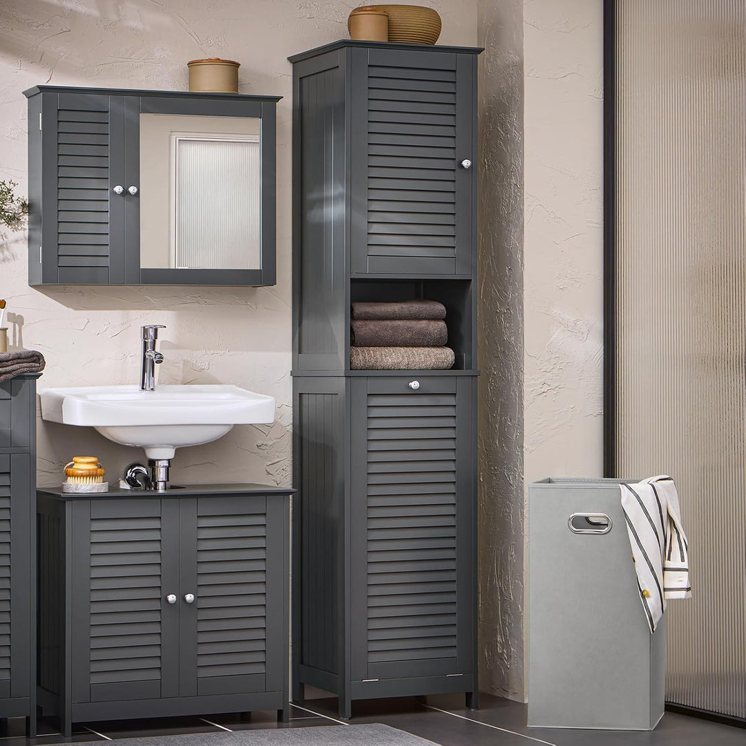 SoBuy Badezimmerschrank Hochschrank mit Wäschekorb Schmaler Badschrank mit Regal, Badmöbel für klein