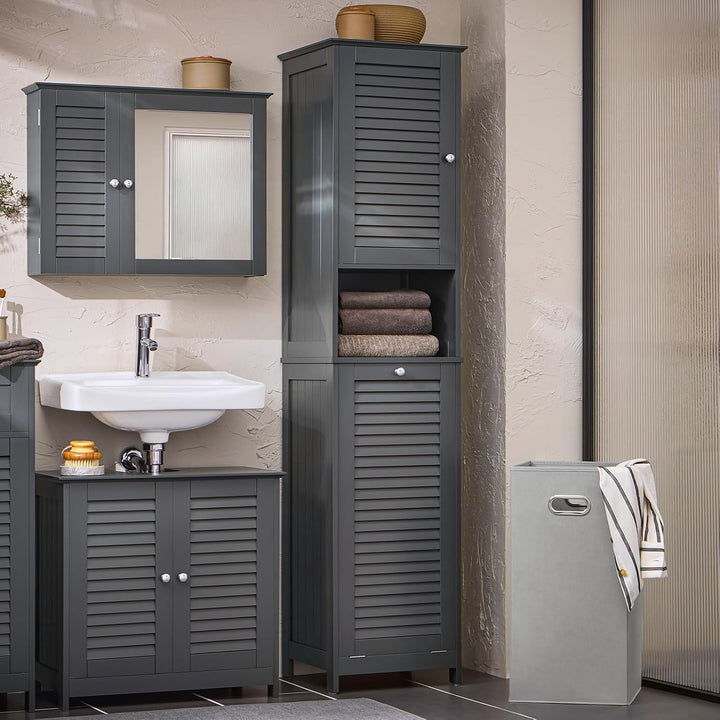 SoBuy Badezimmerschrank Hochschrank mit Wäschekorb Schmaler Badschrank mit Regal, Badmöbel für klein