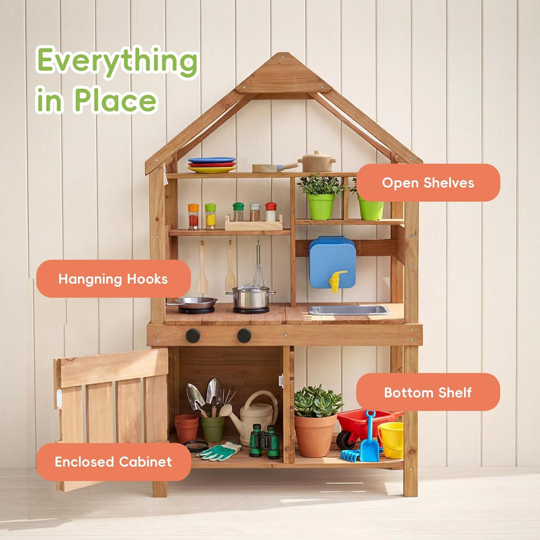 OOOK Outdoor Spielküche, Grosse Matschküche Outdoor aus Holz, Gartenspielküche mit Gartenspüle, Töpf