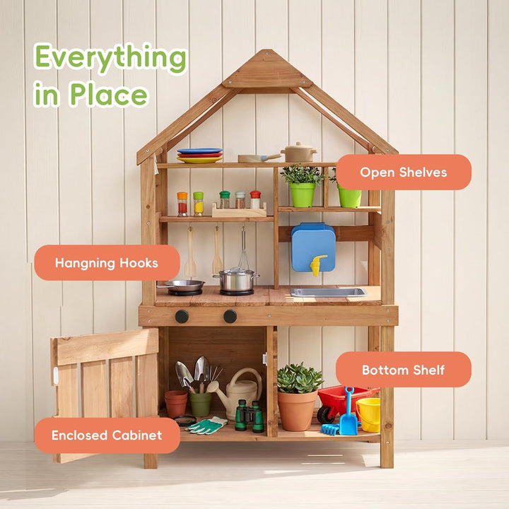 OOOK Outdoor Spielküche, Grosse Matschküche Outdoor aus Holz, Gartenspielküche mit Gartenspüle, Töpf