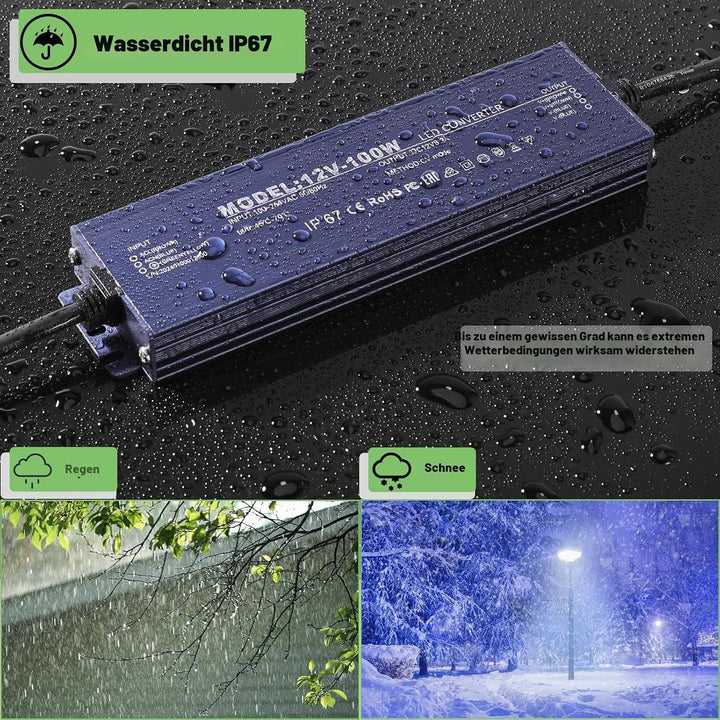 LED Trafo 12V 100W, IP67 Wasserdicht Transformator AC 100-264V auf DC 12V 8.3A LED Treiber, Ultradün