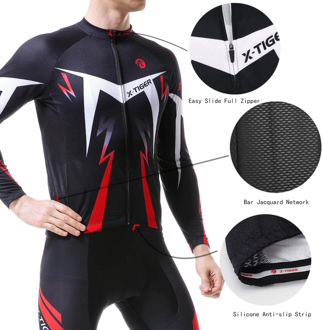 X-TIGER Herren Langarm Radtrikot Set Winter Radsportanzüge mit 5D Gel Gepolsterten Trägerhosen Herbs