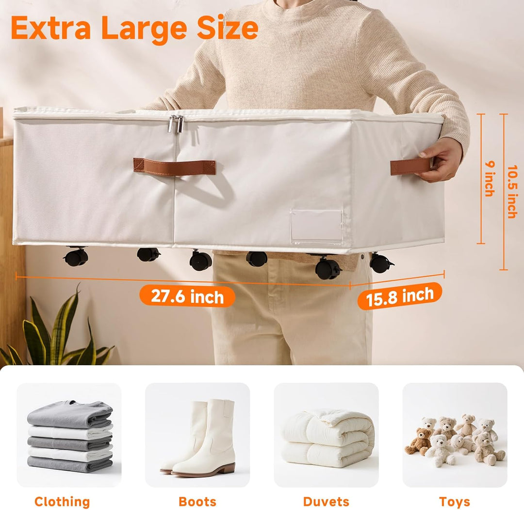 2er-Set Grosse Unterbett-Aufbewahrung mit Rädern, 60 Liter Volumen - 26,5 cm Höhe (10,5 Zoll) - Weis