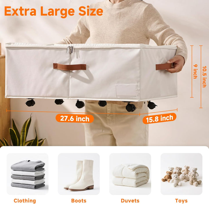 2er-Set Grosse Unterbett-Aufbewahrung mit Rädern, 60 Liter Volumen - 26,5 cm Höhe (10,5 Zoll) - Weis