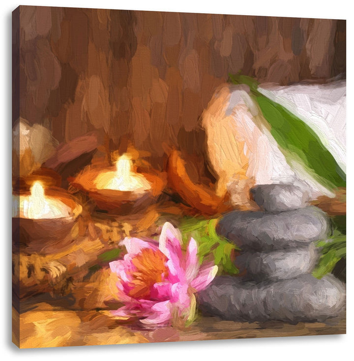 Pixxprint Kerzen mit Zen Steinen und Seerose / 70x70cm Leinwandbild bespannt auf Holzrahmen/Wandbild
