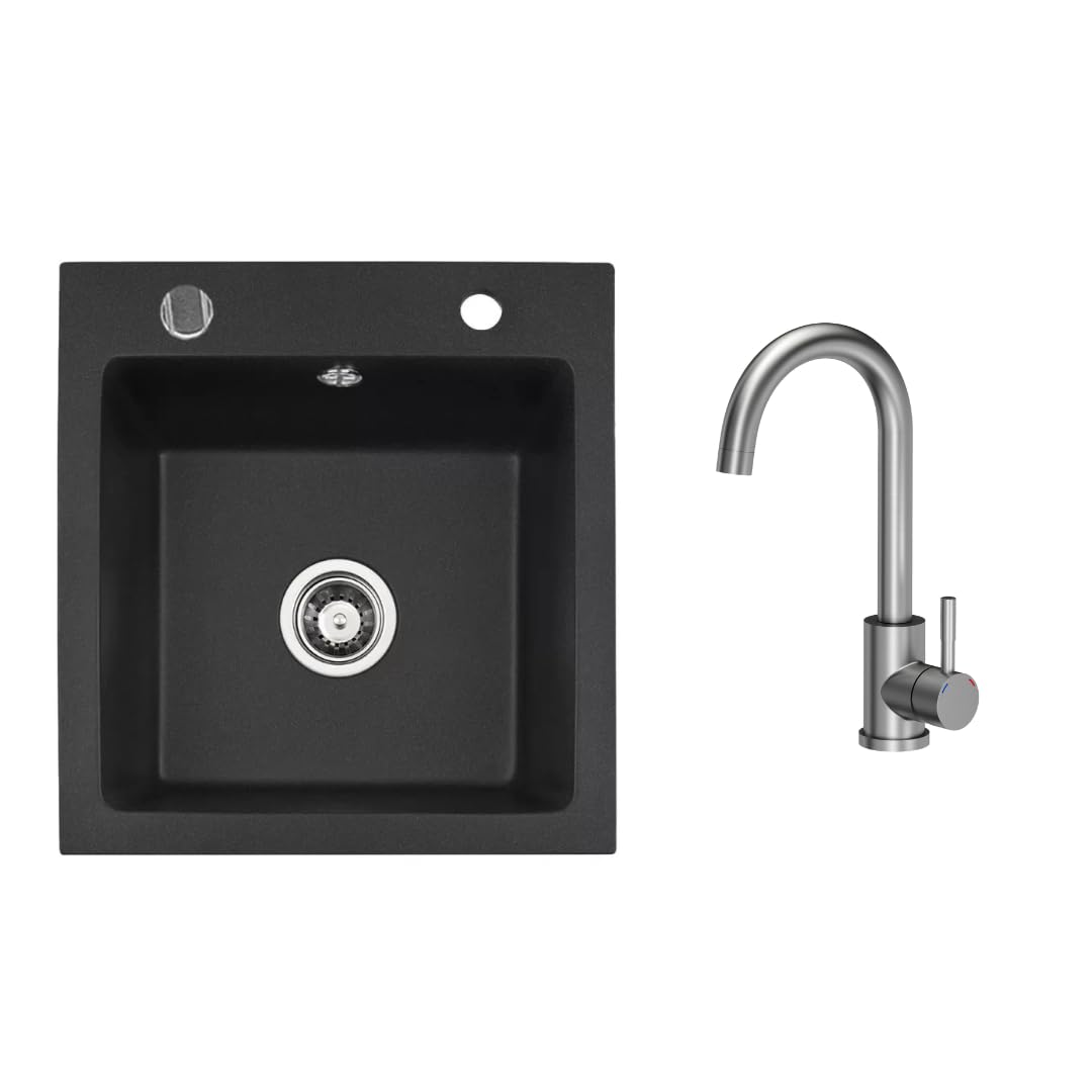 VBChome Granitspüle 50 x 48 cm Schwarz mit Armatur Einzelbecken Einbauspüle Gesprenkelt Pflegeleicht