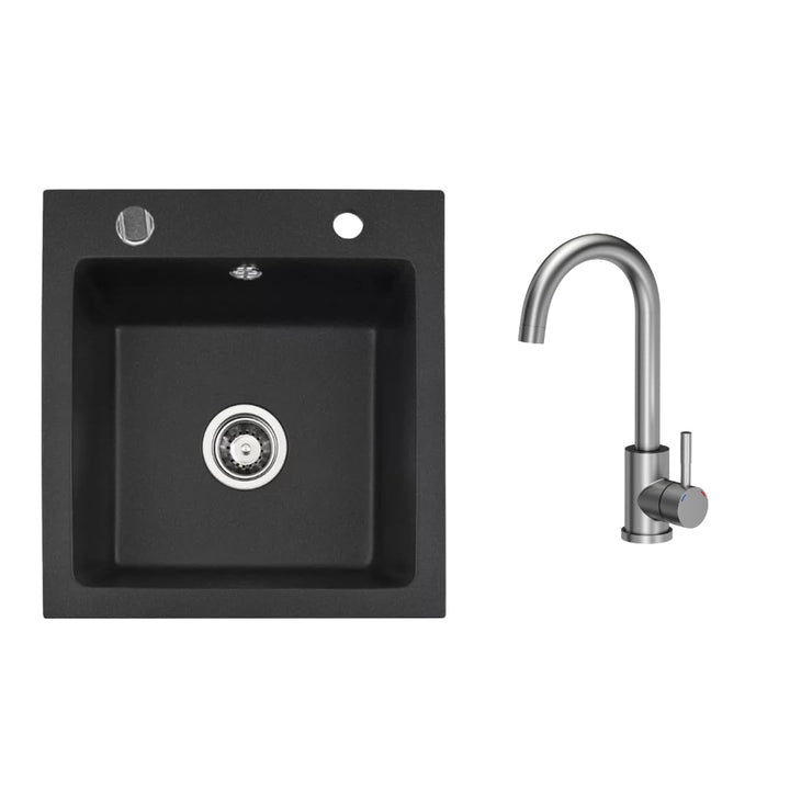 VBChome Granitspüle 50 x 48 cm Schwarz mit Armatur Einzelbecken Einbauspüle Gesprenkelt Pflegeleicht