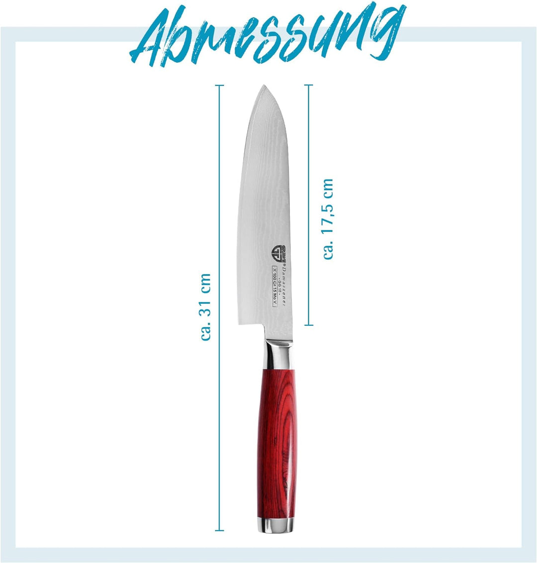 GRÄWE Damastmesser aus Damaststahl, gross, 17,5 cm Klinge, scharf, Damaszener Santokumesser mit Holz