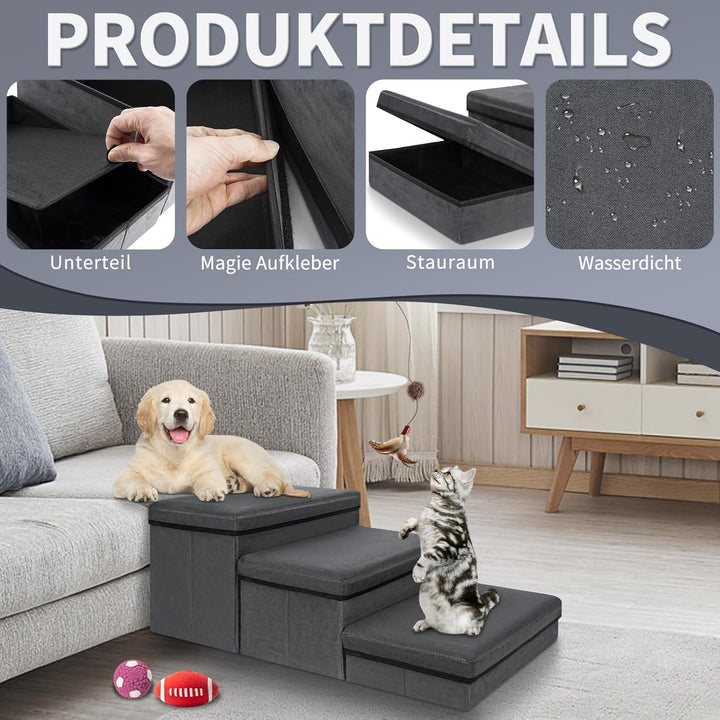 Haustiertreppe 3 Stufen Hundetreppe Zusammenklappbar mit Stauraum,Hundetreppe Bett für Betten,Sofas,
