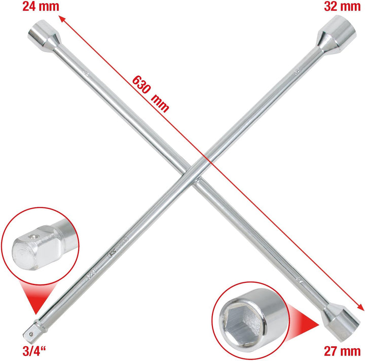 KS Tools 518.1155 Radkreuzschlüssel für LKW, 3/4"x24x27x32mm 63 cm 24 x 27 x 32mm x 3/4"Aussenvierka