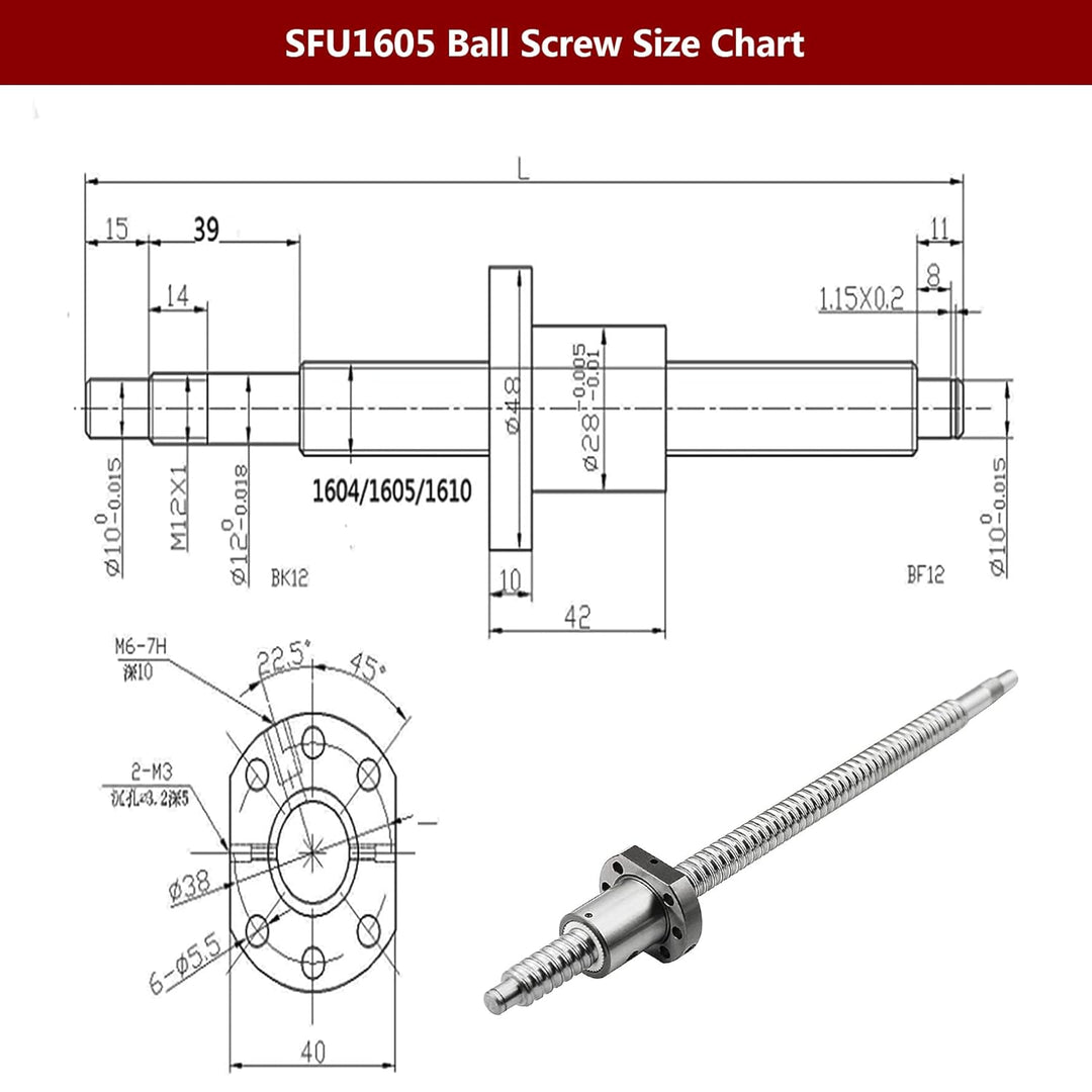 CNCMANS SFU1605 1200mm Kugelumlaufspindel Set 16mm Gewindespindel Edelstahl Linearführung mit BK12/B