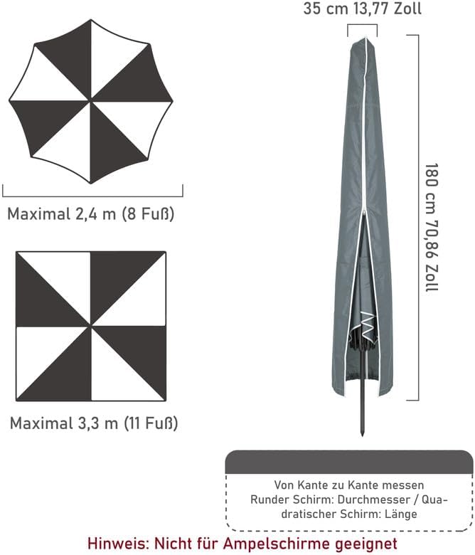 Purovi Schutzhülle für Sonnenschirme, Grau, 35x180 cm 180x 35 cm
