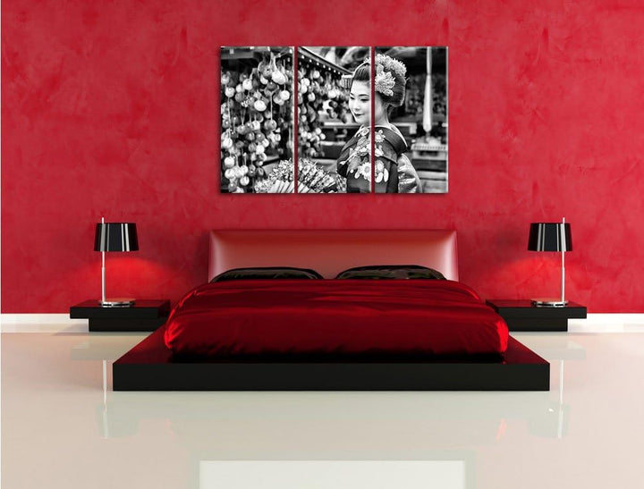 Pixxprint Anmutige Geisha mit Fächer als Leinwandbild | Grösse: 3 Teilig (120x80) | Wandbild| Kunstd