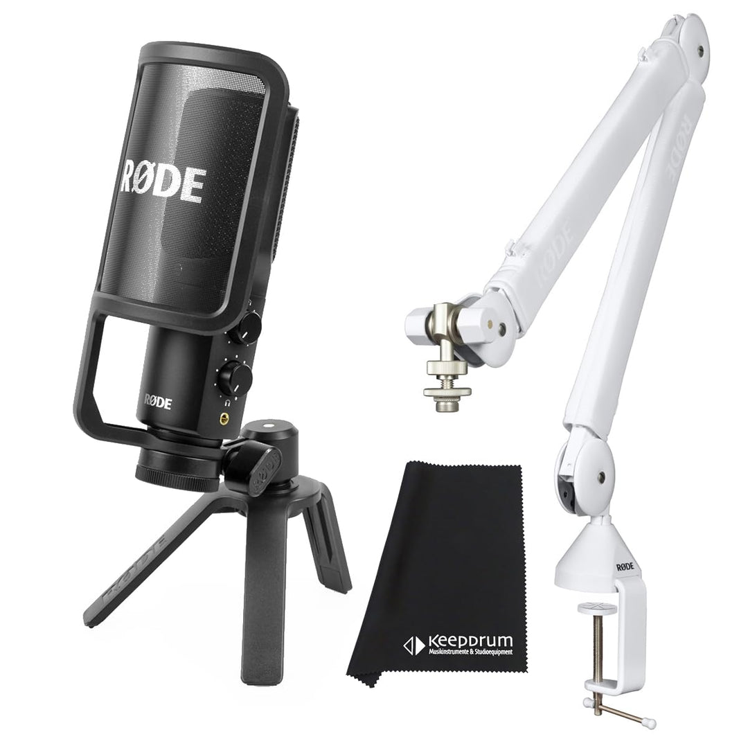 Rode NT-USB+ Plus USB-Kondensatormikrofon + PSA1+ Plus Gelenkarm Weiss + keepdrum Mikrofasertuch Bun