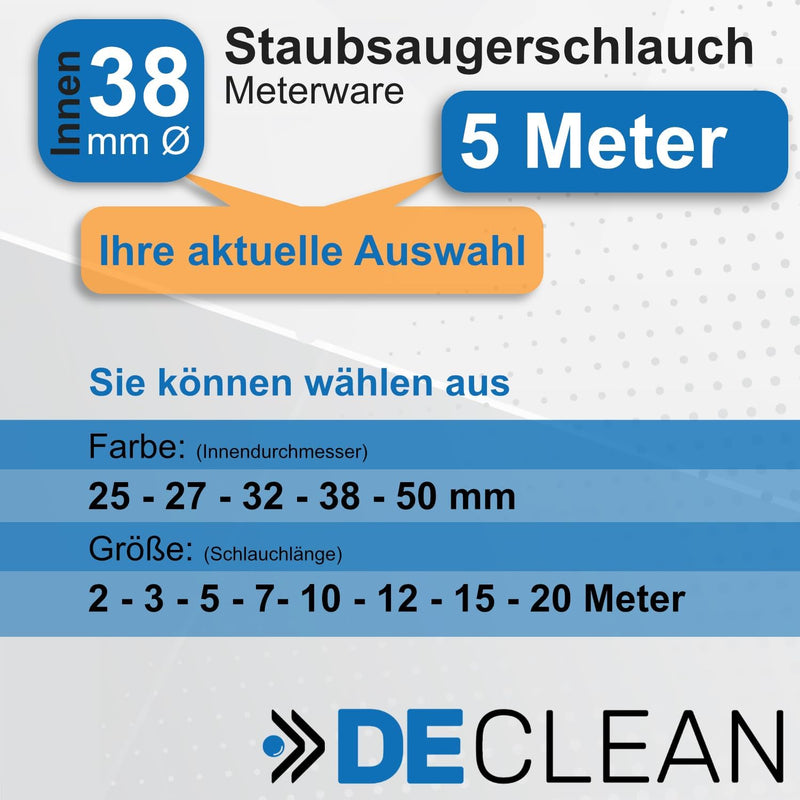 DeClean Staubsaugerschlauch Meterware 38mm Innen Ø, Schlauch für Haushalts-Staubsauger, Industriesau