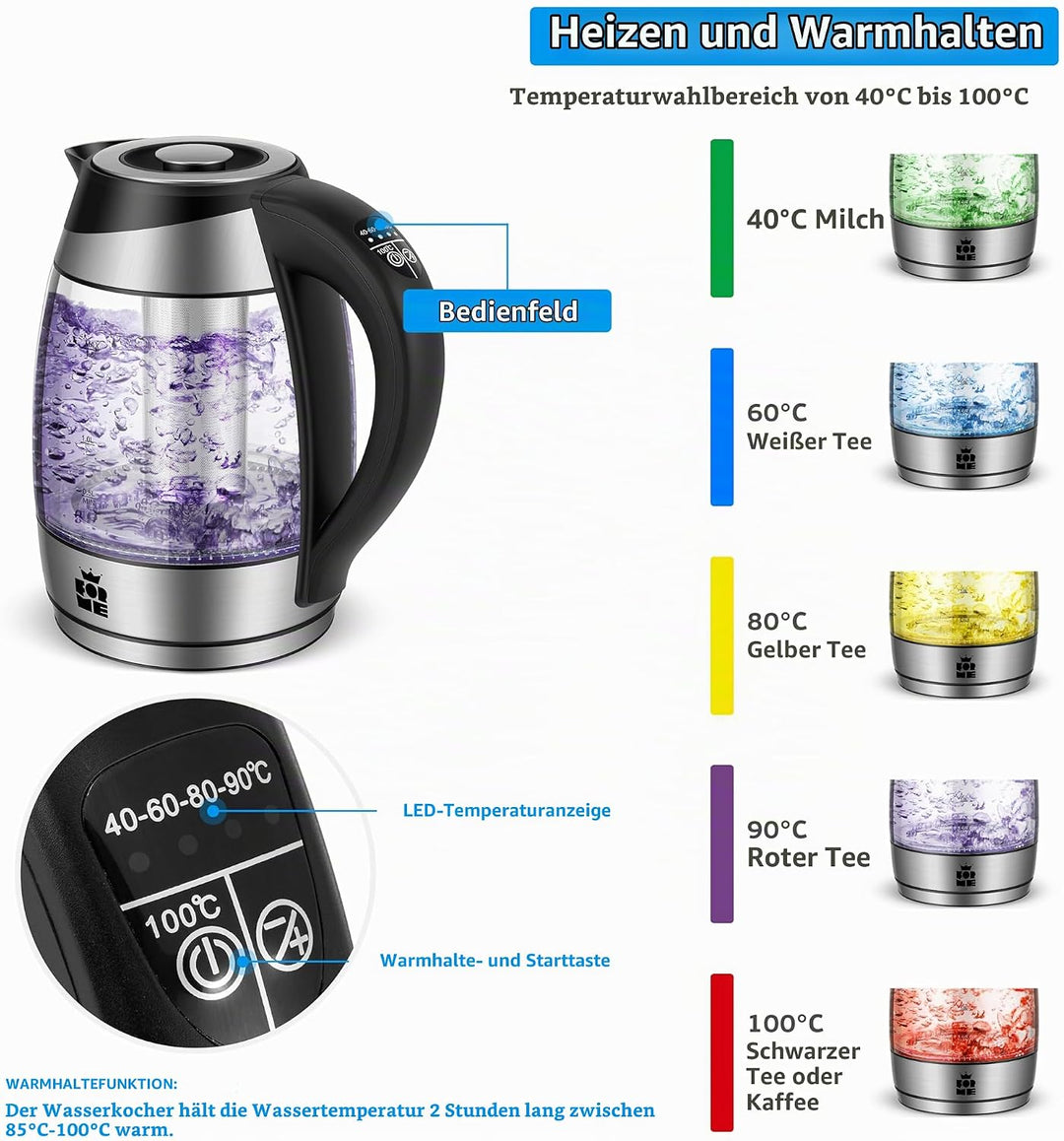 FOR ME Glas Elektrischer Wasserkocher mit Teesieb 1,8L, Temperatureinstellung, Temperaturwahl 40°C b