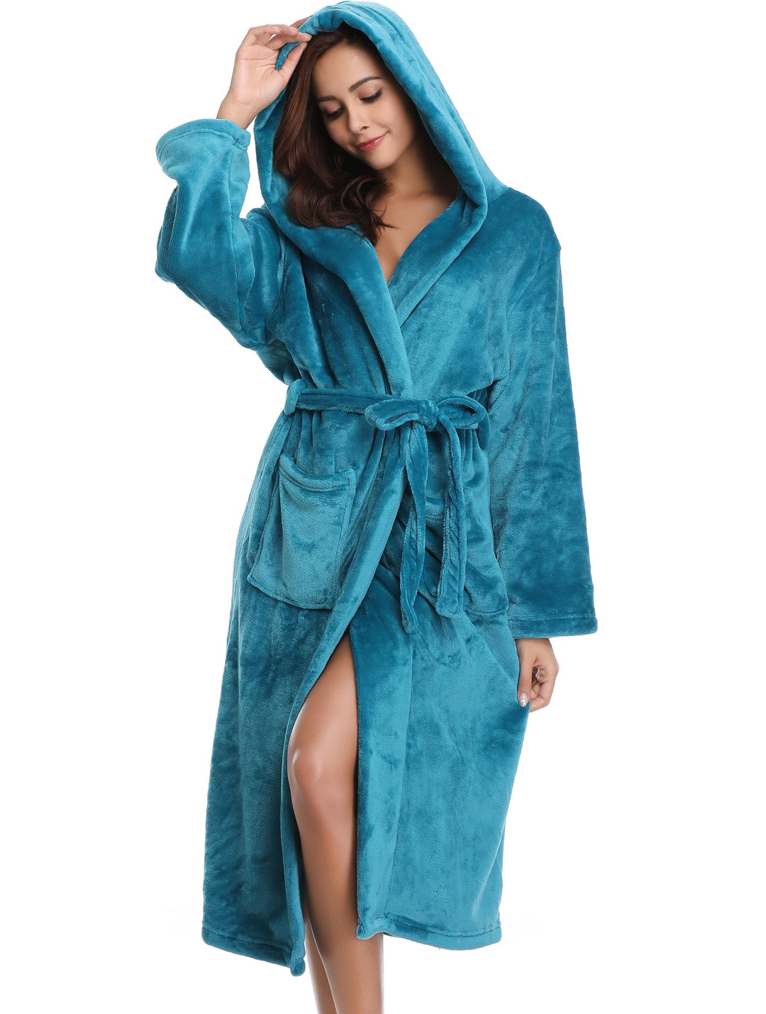 Vlazom Winter Bademantel weicher Flanell Bademantel Damen Saunamantel mit Kapuze flauschiger Morgenm