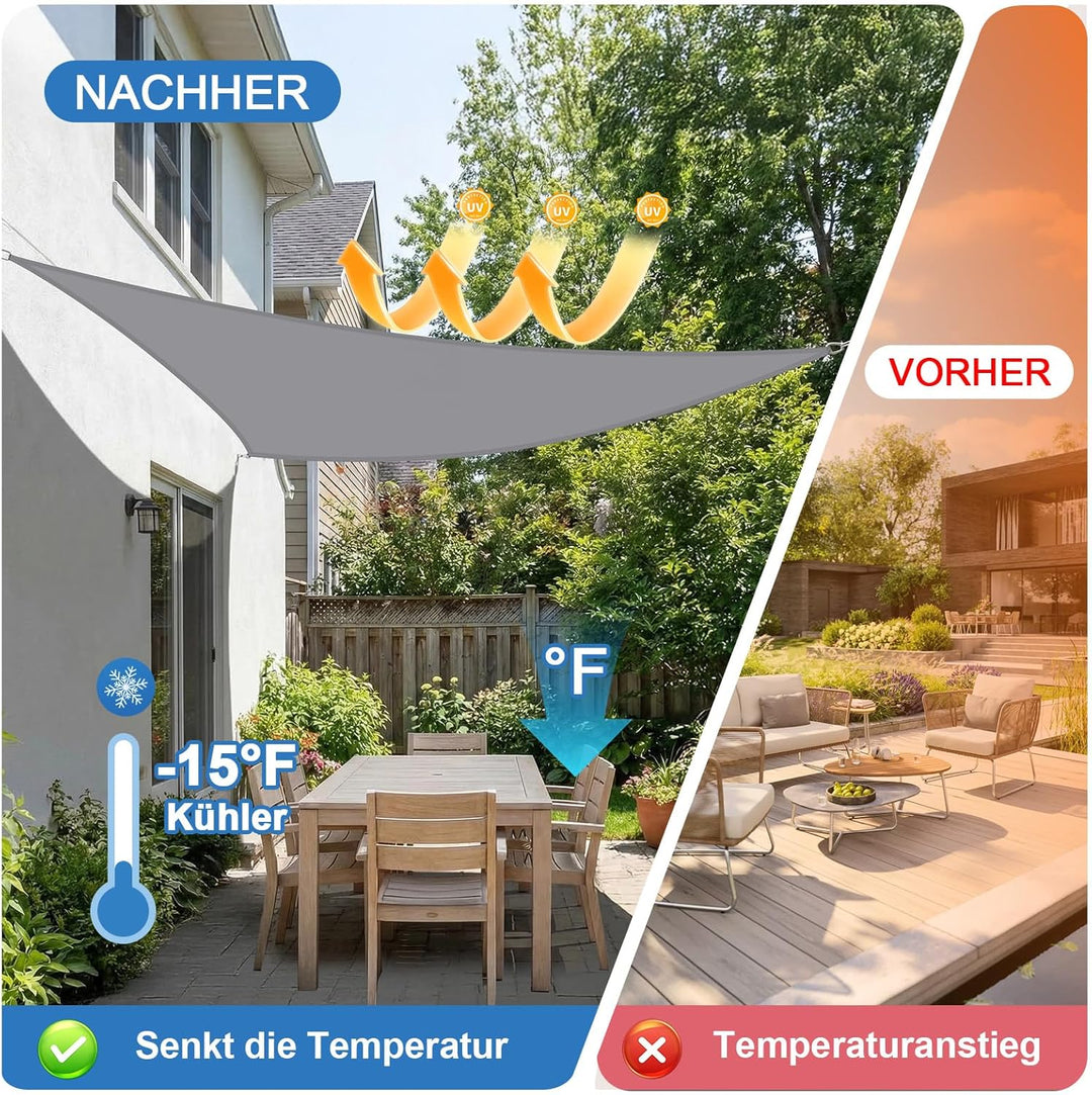 3x3x3m Sonnensegel Dreieck Wasserdicht Sonnenschutz, Hellgrau | 95% UV Schutz, Regenschutz, Sunsegel