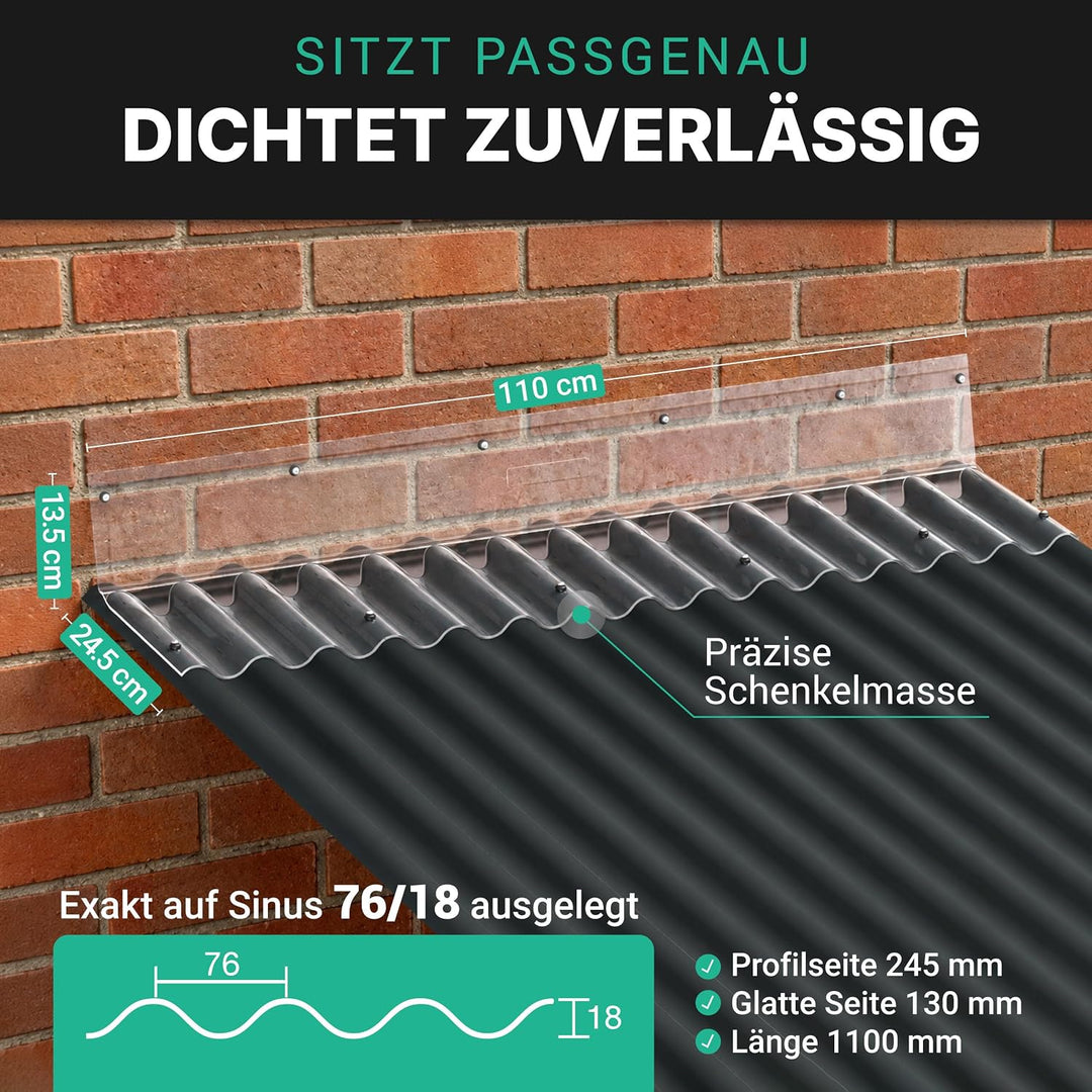 PVC Sinus Wellplatte 76/18 Wandanschluss in glasklar - PROFI QUALITÄT - Breite: 1106 mm Profilseite: