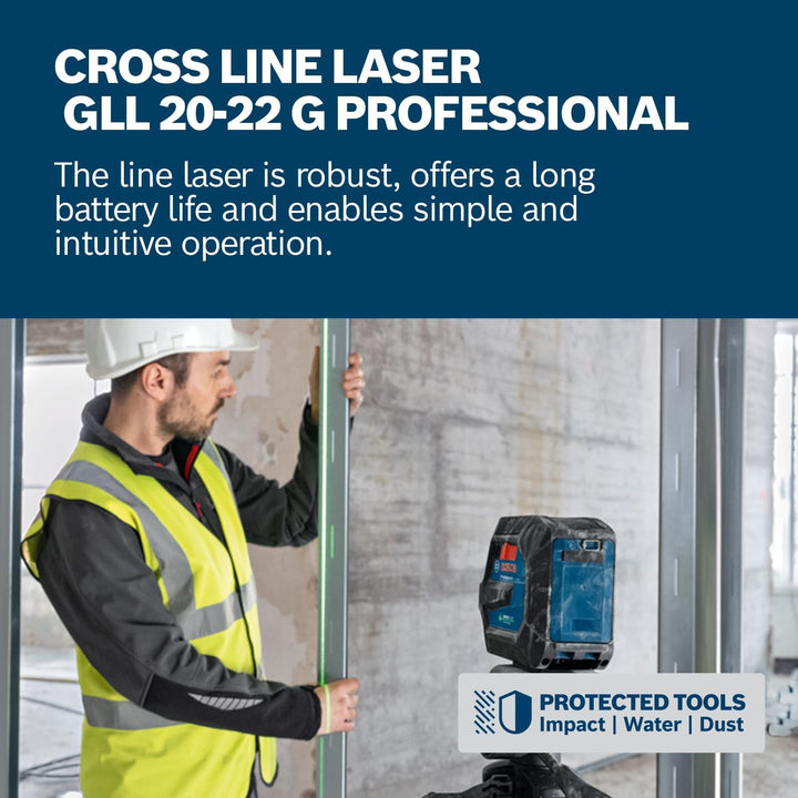 Bosch Professional Linienlaser GLL 20-22 G (Halterung LB 10, grüner Laser, Innenbereich, Dual Power