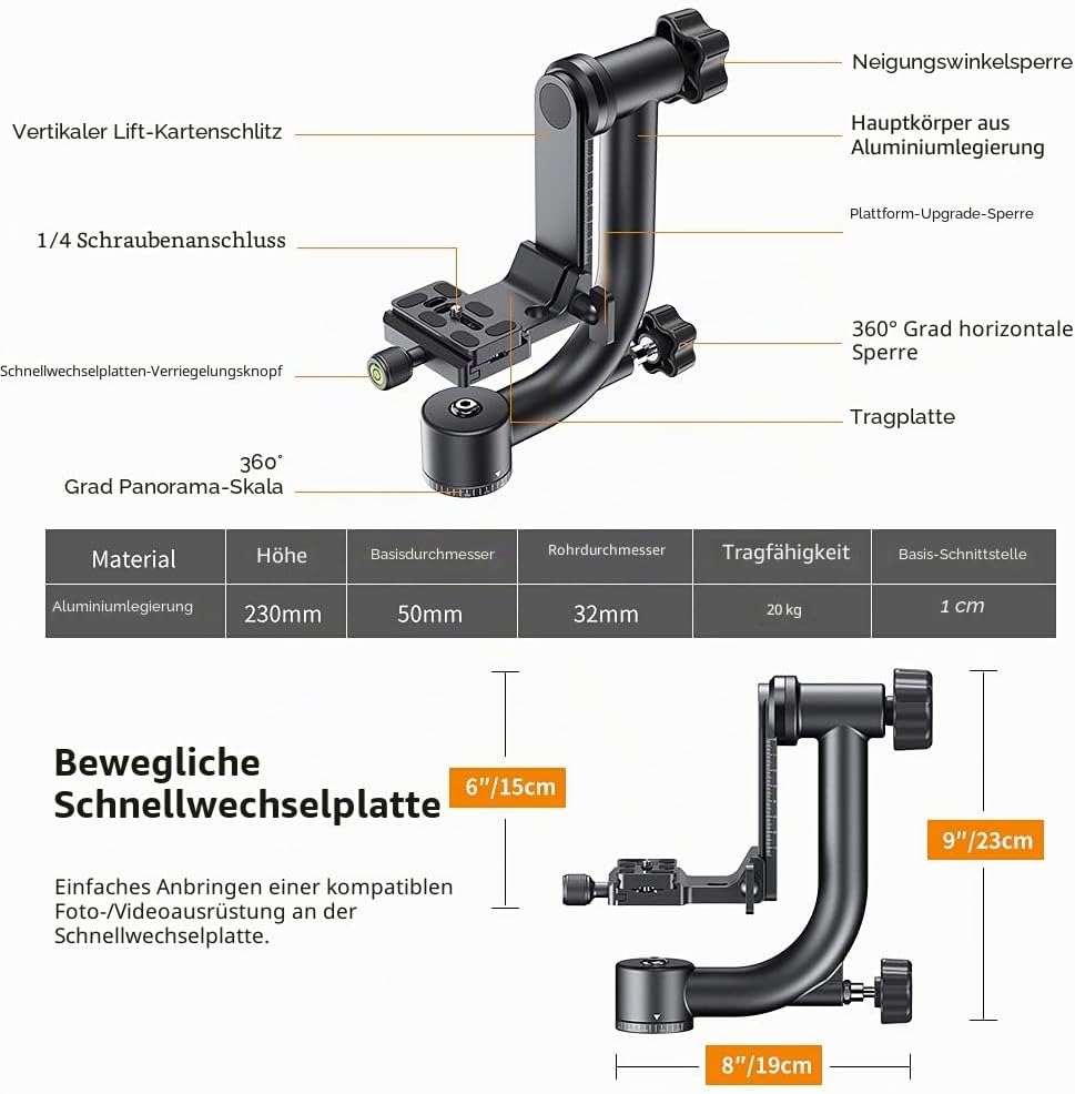 K&F Concept Aluminium Gimbalkopf, Professional Heavy Duty Metall 360° Panorama Stativkopf mit 20 KG