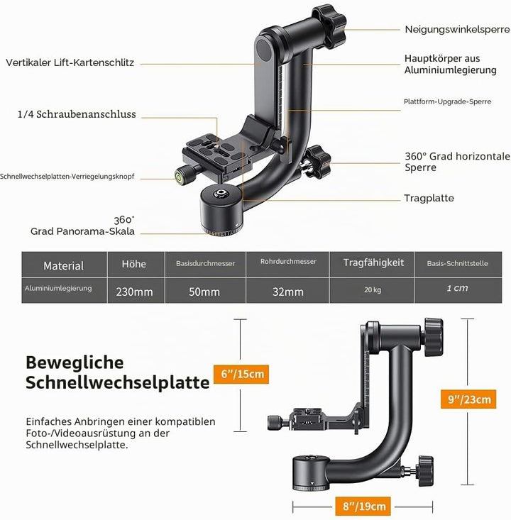 K&F Concept Aluminium Gimbalkopf, Professional Heavy Duty Metall 360° Panorama Stativkopf mit 20 KG