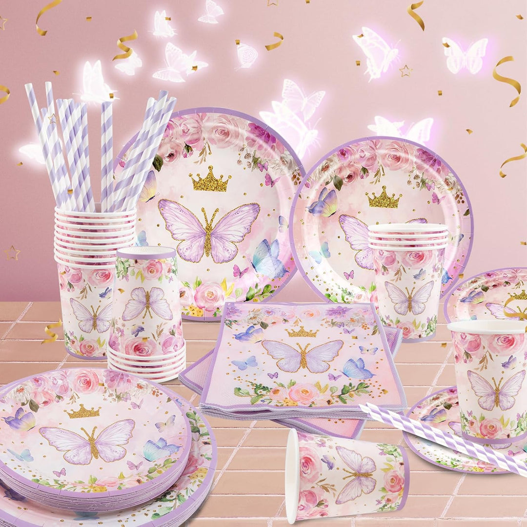 Aitsite 100 Stück Rosa Schmetterling Partygeschirr Set, Schmetterling Partyteller Geburtstag für 20