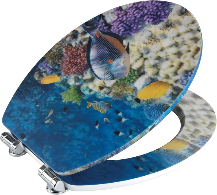 WENKO WC-Sitz Fish, Toilettensitz mit Absenkautomatik und 3D-Motiv, WC-Deckel für sanftes Deckelschl
