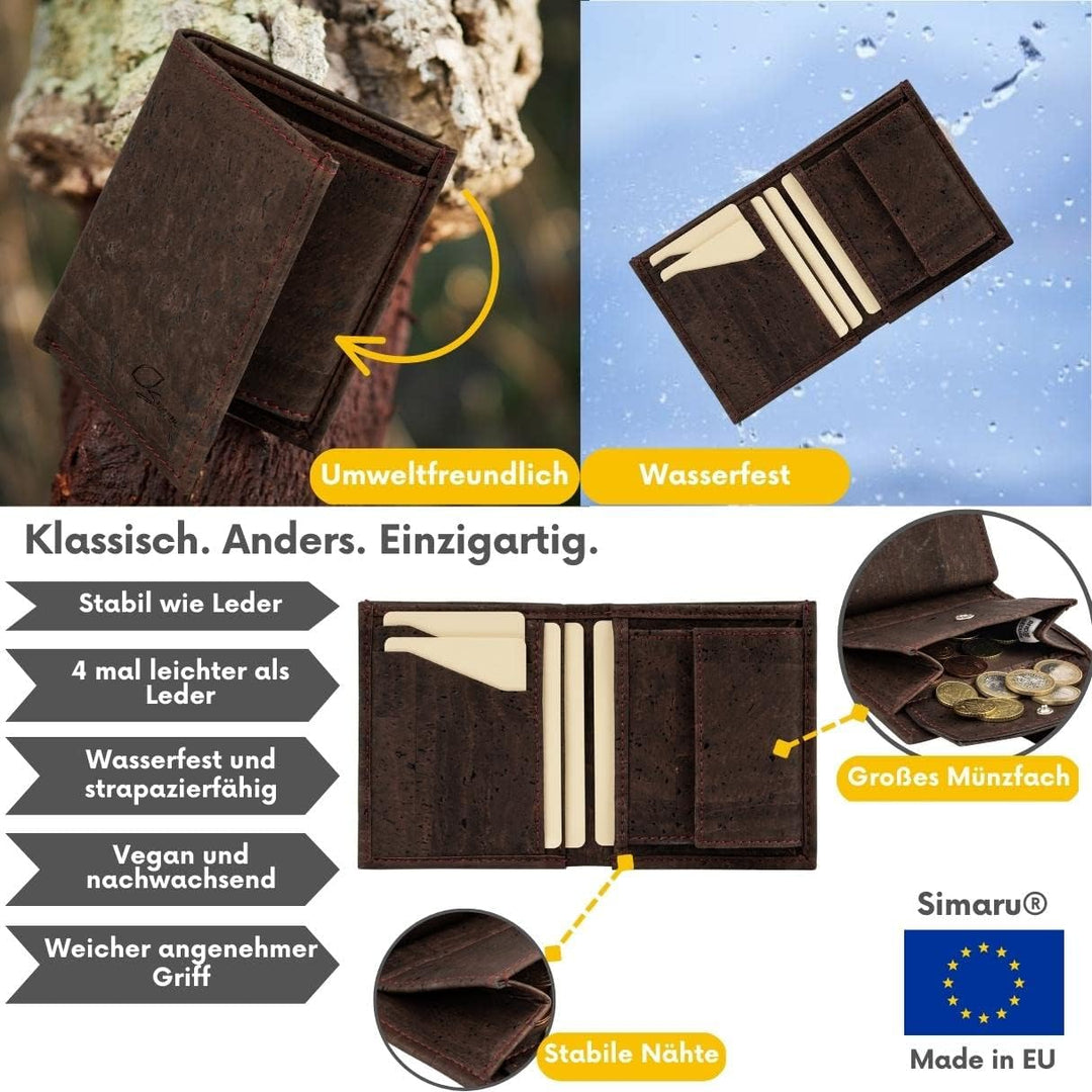 Simaru Kork Geldbeutel Damen &amp; Herren, Geldbörse mit RFID-Schutz, vegan, nachhaltig &amp; langlebig, 5+