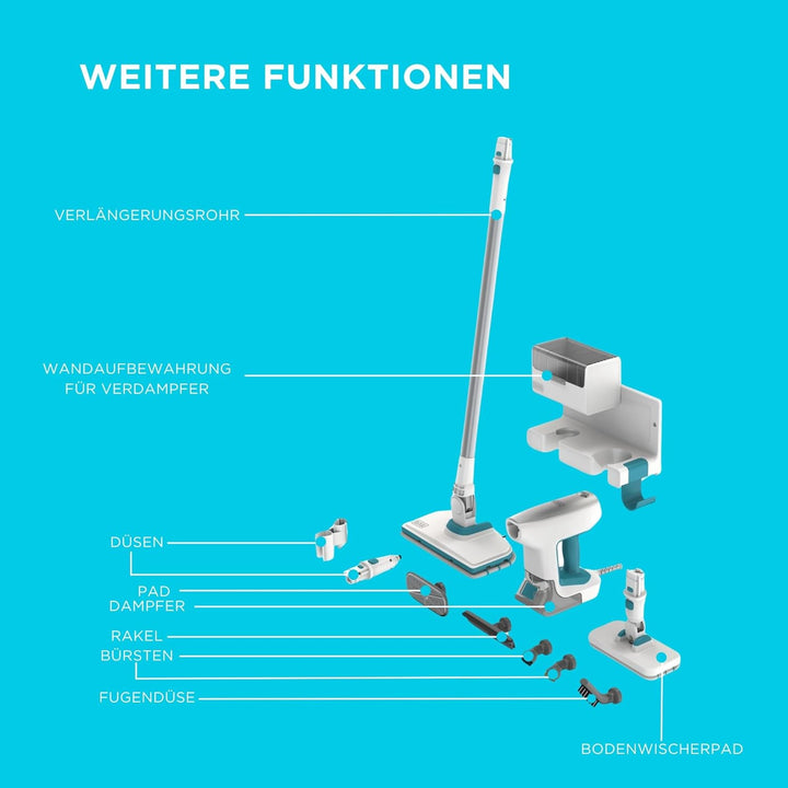 Black+Decker 1500W SteamSystem Handdampfreiniger BHSM15FX10 (mit Bodenverlängerung, duale Dampfsteue